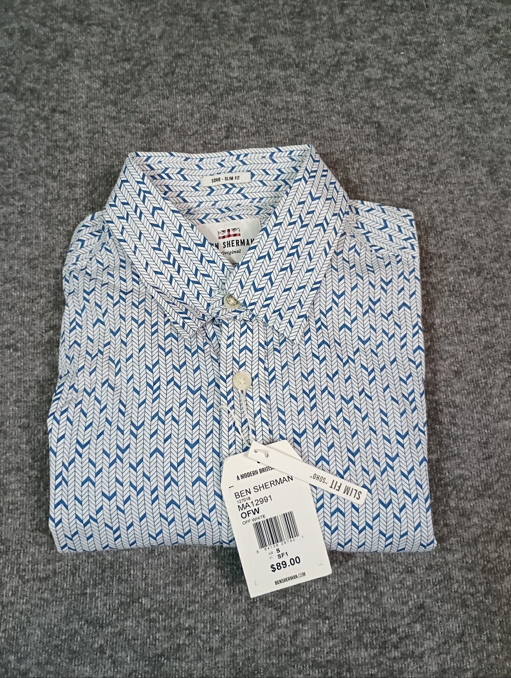 Ben Sherman Soho Slim Fit Dress Shirt Mens Small Blue White Geometric Chevron